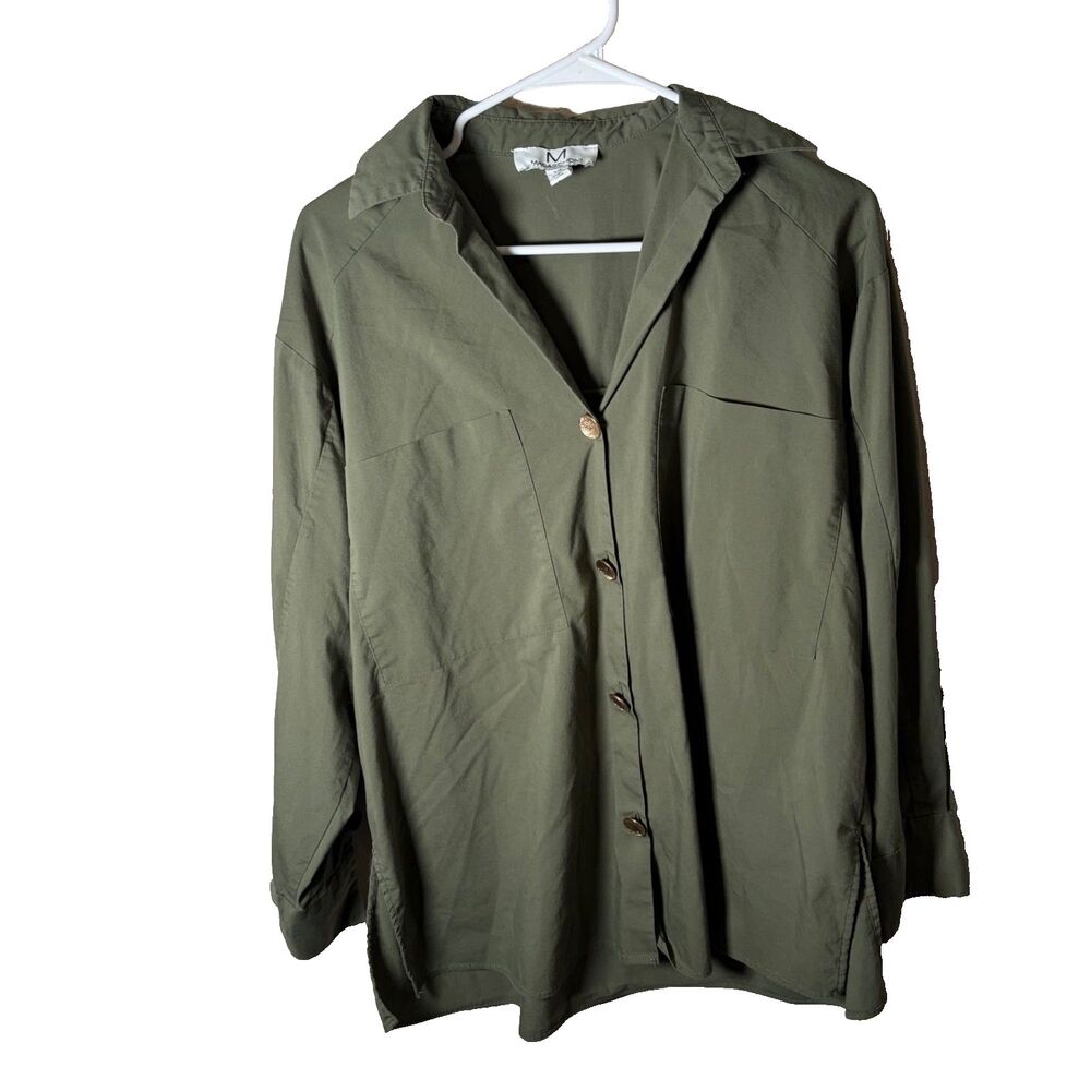 Magaschoni Jacket Women's Small Green Large Button 3/4 Sleeve Collared Top